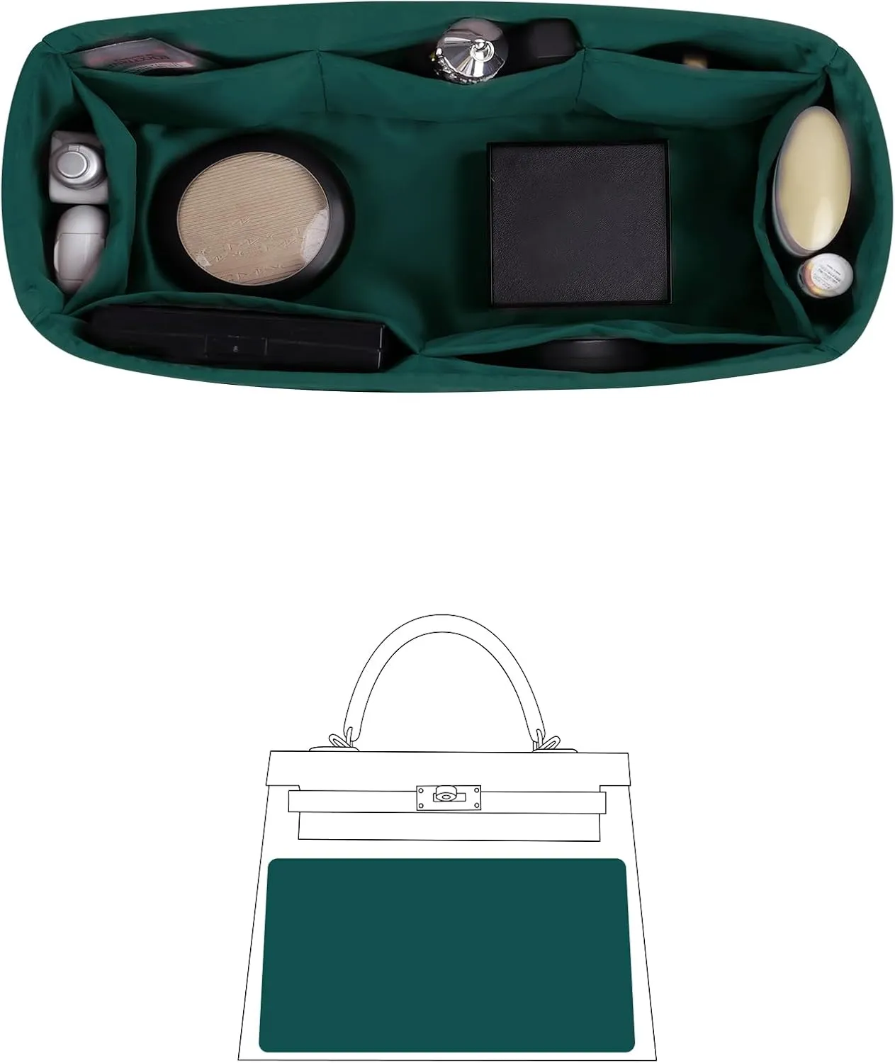 Silky Bag Insert for Kelly 25, Purse Organizer Compatible with Hermes Kelly, Lightweight Luxury Bag Shaper with Multiple Pockets for Daily Use (Malachite, KE 25)