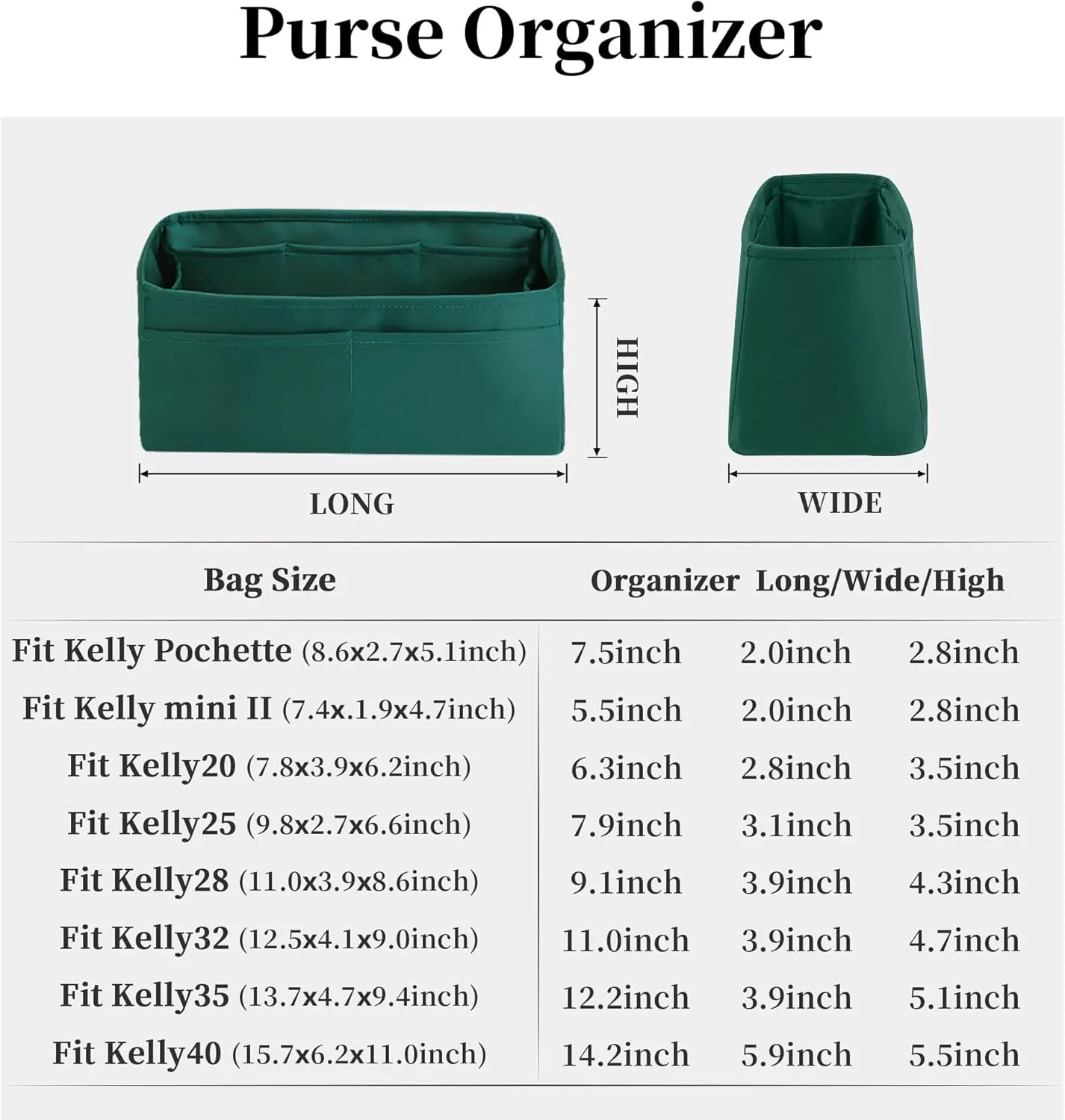Silky Bag Insert for Kelly 25, Purse Organizer Compatible with Hermes Kelly, Lightweight Luxury Bag Shaper with Multiple Pockets for Daily Use (Malachite, KE 25)