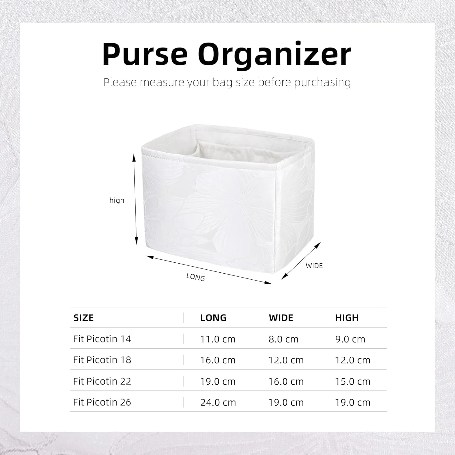 Silky Purse Organizer Insert Fits Picotin 14/18/22/26 bags, Lightweight Bag Shaper for Women Luxury Handbag Tote, Soft Inner Bag (PC18, Snowflake)