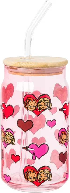 Silver Buffalo Chucky Featuring Tiffany Horror Scary Dolls Valentine's Day Bloody Hearts Glass Jar Tumbler with Bamboo Lid and Glass Straw, 16 Ounces