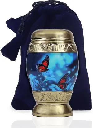 Small Butterfly Memorial Lovely Keepsake Urn Qnty 1 - Keepsake Urn for Human Ashes with 1 Velvet Box Bag - Mini Memorial Affordable Keepsake Urn Gloden Blue 3.5" H X 2" W X 2" L