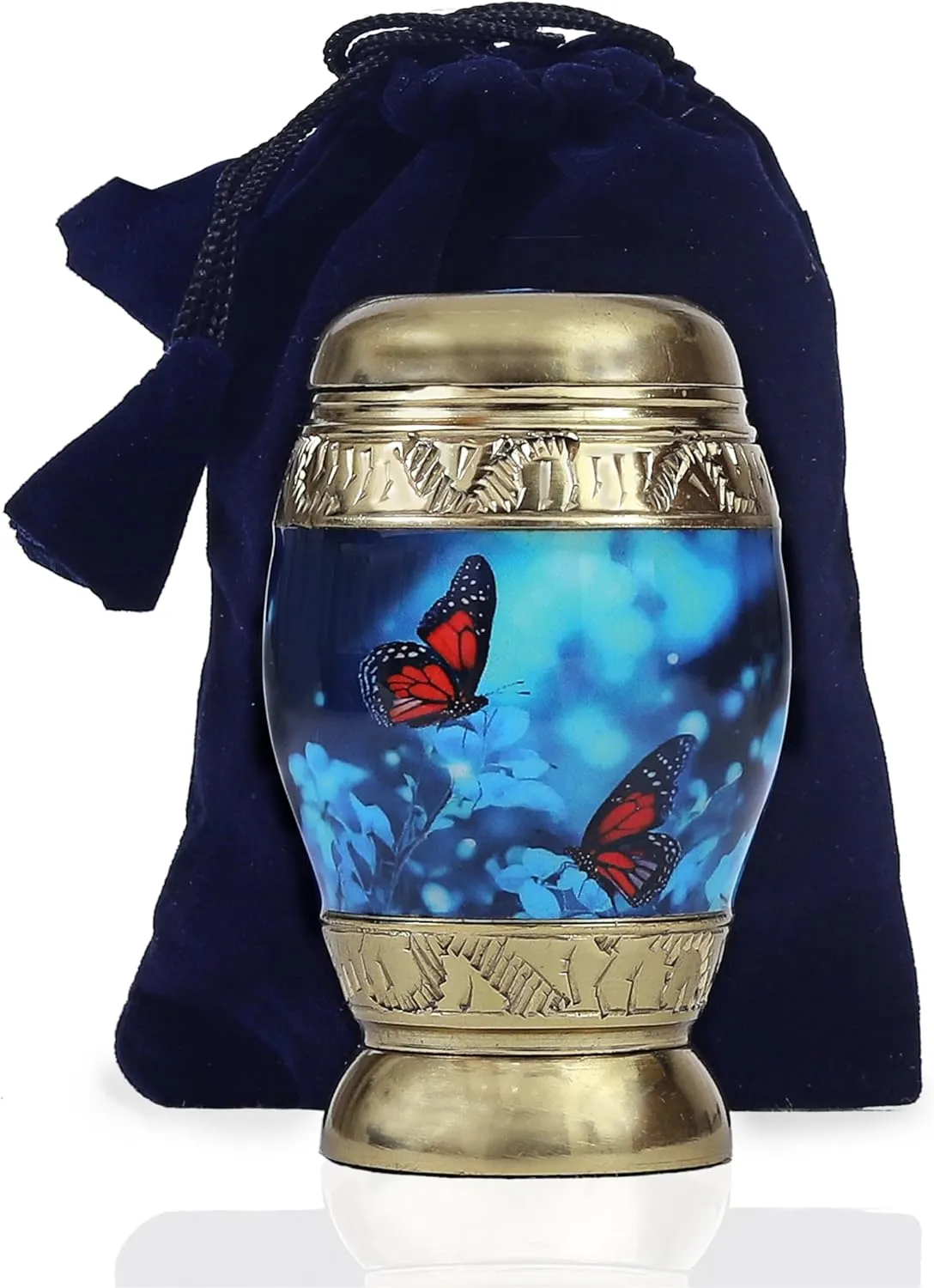 Small Butterfly Memorial Lovely Keepsake Urn Qnty 1 - Keepsake Urn for Human Ashes with 1 Velvet Box Bag - Mini Memorial Affordable Keepsake Urn Gloden Blue 3.5" H X 2" W X 2" L