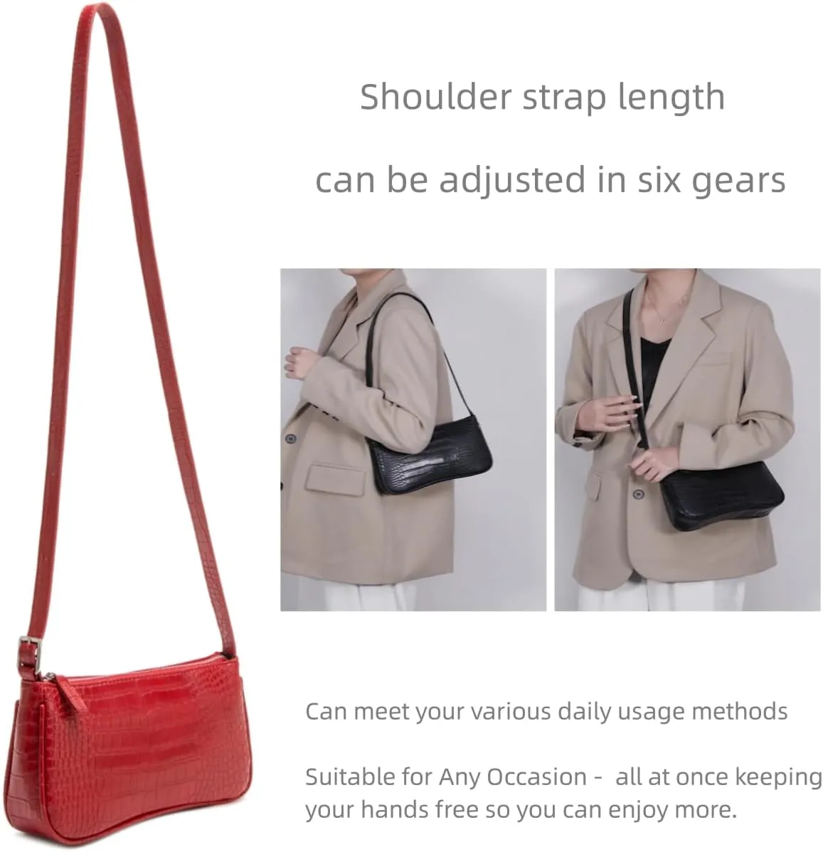 Small Purse for Women, Adjustable Shoulder Bags Crocodile Pattern Clutch Purse with Zipper Closure Retro