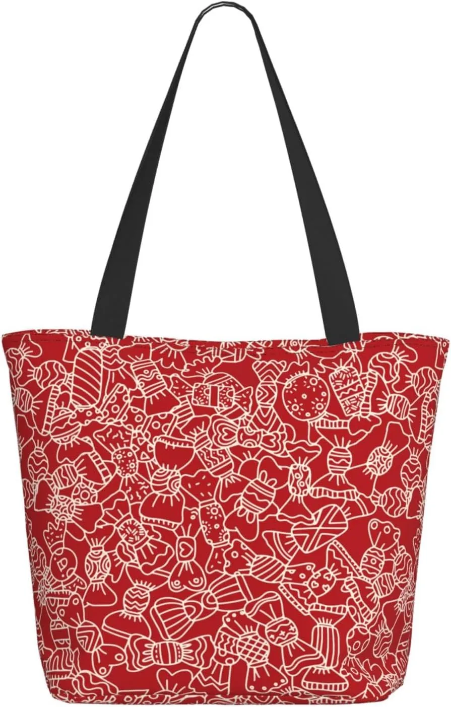 Snowflakes Red Green Stripes Tote Bag Women Reusable Shopping Bags Shoulder Bag Portable Storage HandBags