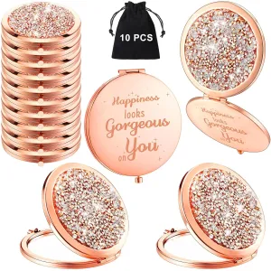Soaoo 10 Pcs Inspirational Compact Mirror 1x/2x Magnifying Double Sided Pocket Mirror Portable Metal Rhinestone Hand Small Mirror for Purse Mini Thank You Christmas Gifts for Women Girls Travel Makeup