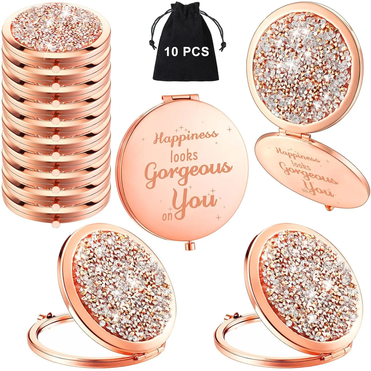 Soaoo 10 Pcs Inspirational Compact Mirror 1x/2x Magnifying Double Sided Pocket Mirror Portable Metal Rhinestone Hand Small Mirror for Purse Mini Thank You Christmas Gifts for Women Girls Travel Makeup