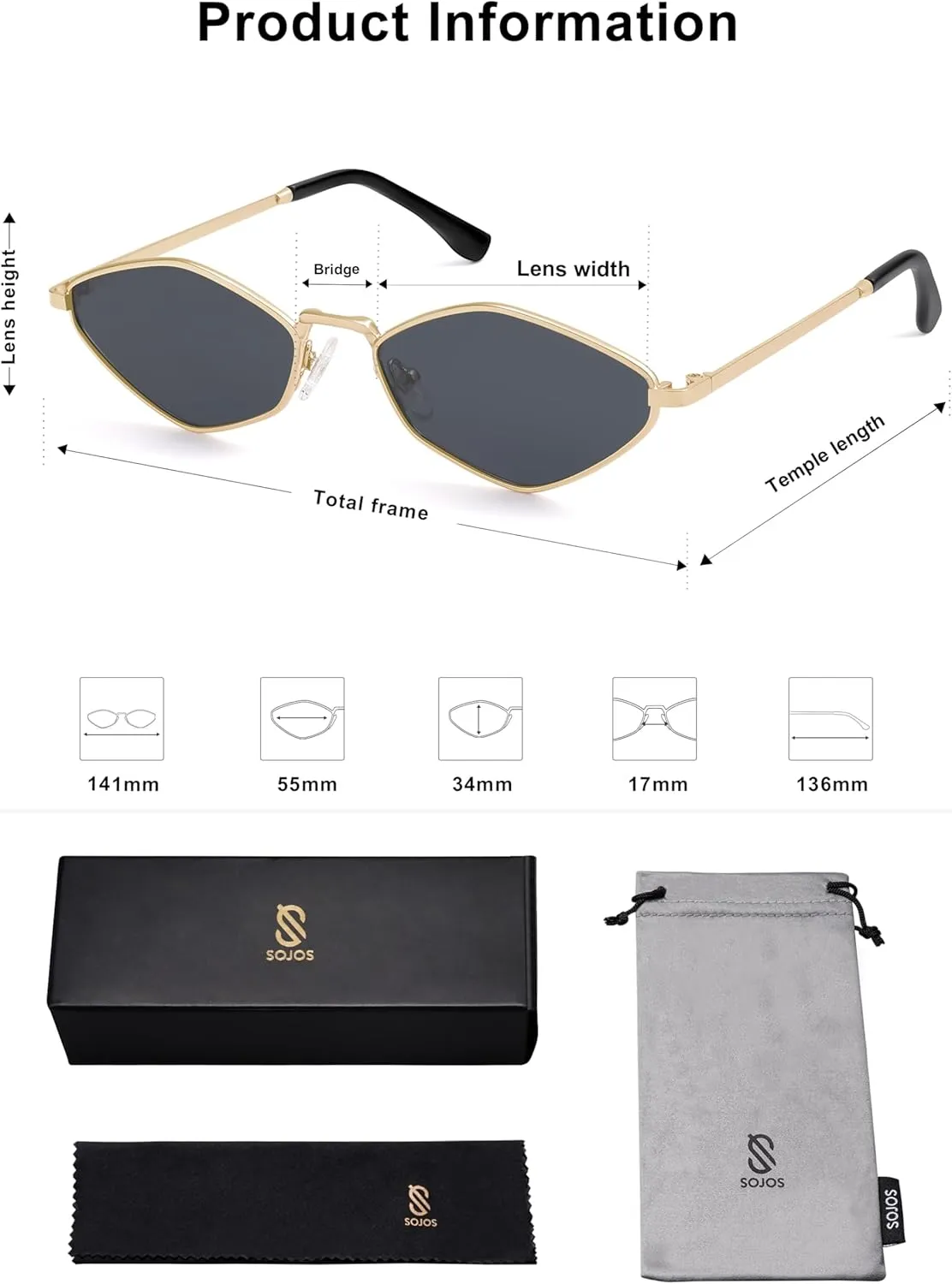 SOJOS Retro Small Polarized Sunglasses Womens Mens Vintage Narrow Irregular Shades UV400 SJ1233
