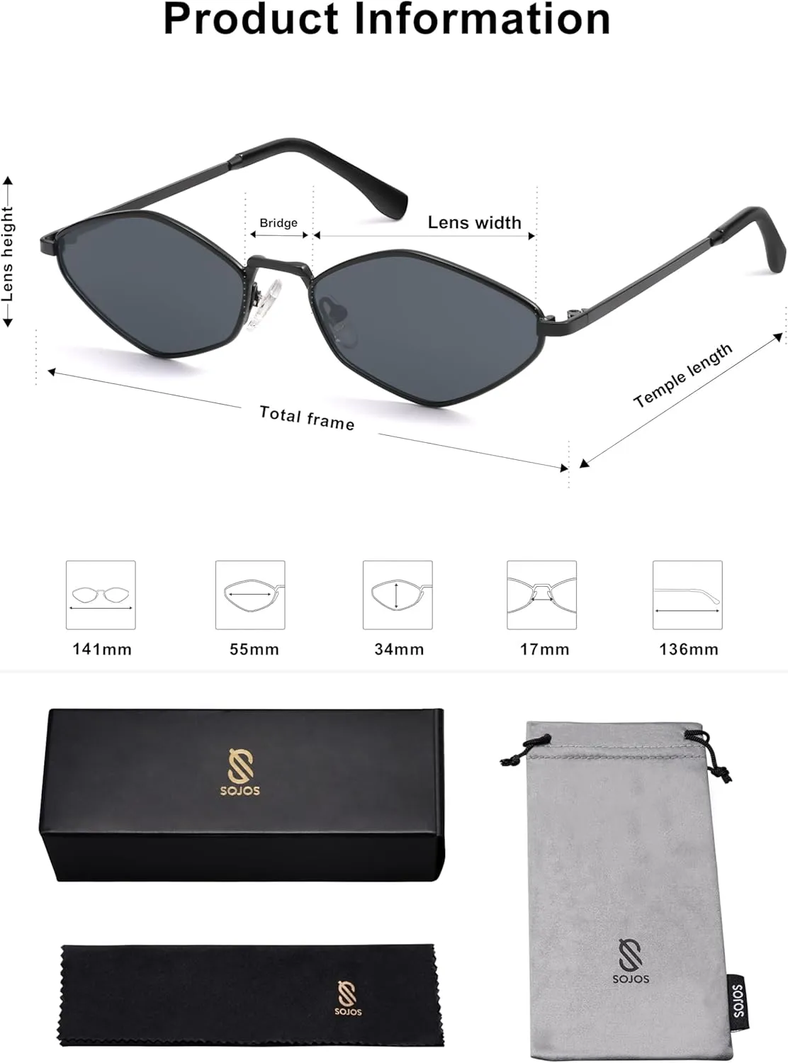 SOJOS Retro Small Polarized Sunglasses Womens Mens Vintage Narrow Irregular Shades UV400 SJ1233
