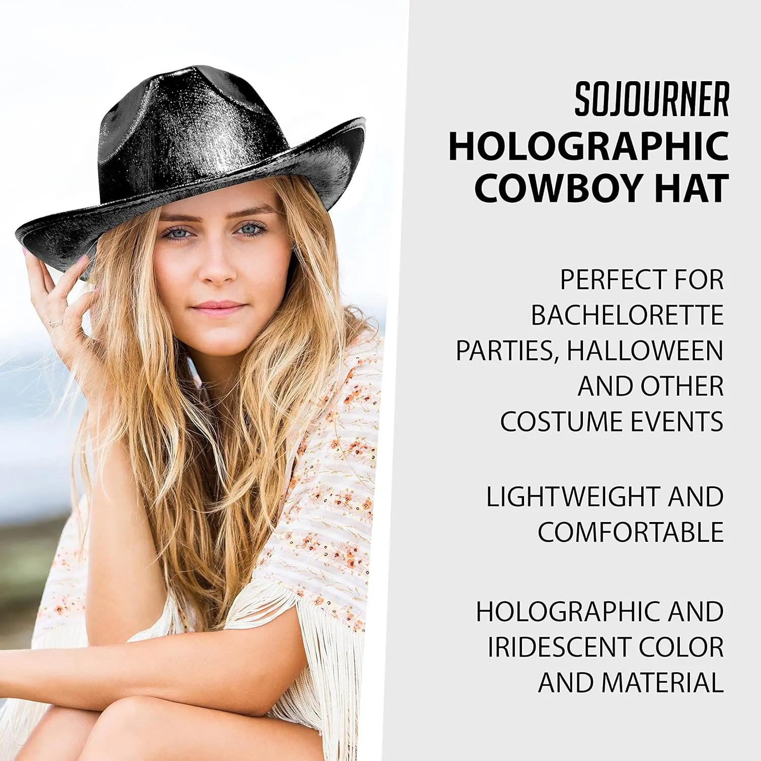 SoJourner Bags Neon Sparkly Glitter Space Cowboy Hat - Fun Metallic Holographic Party Disco Cowgirl Hat