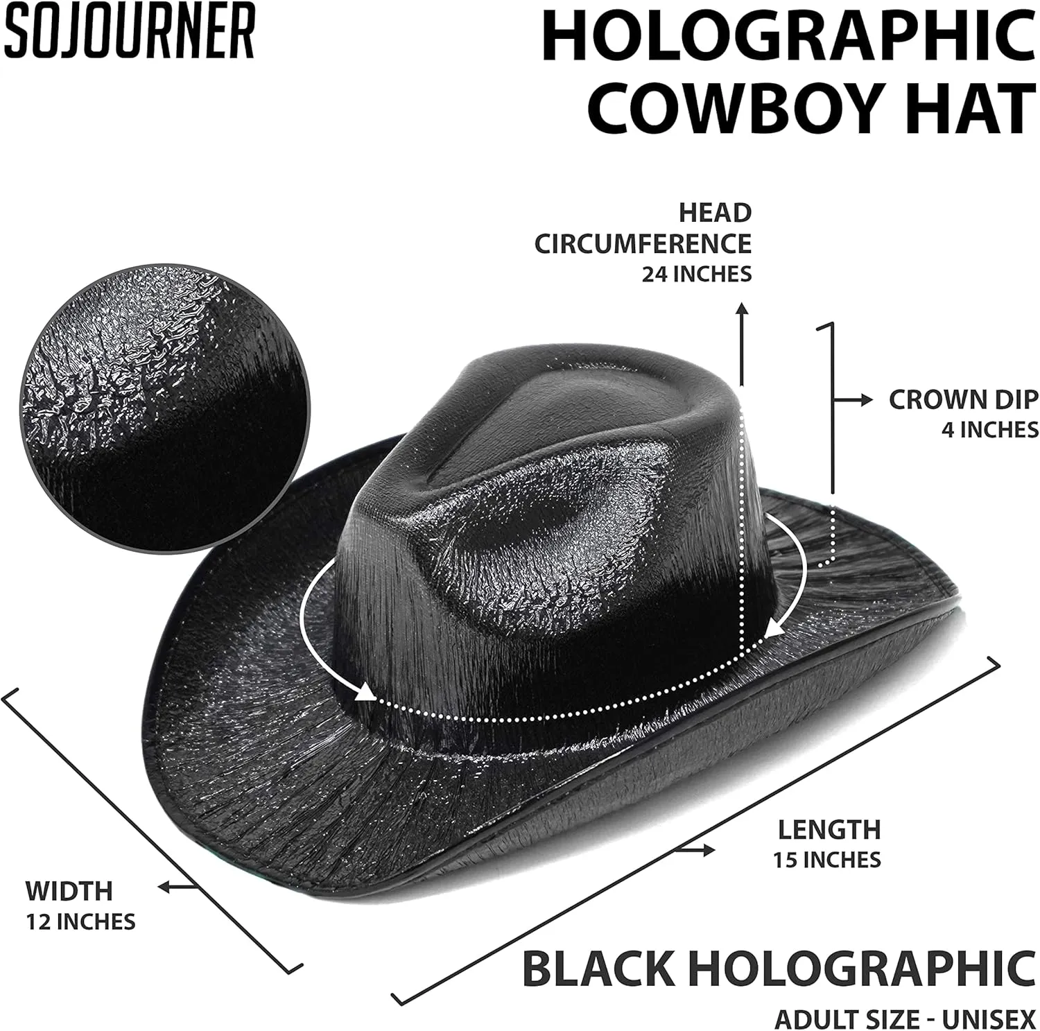 SoJourner Bags Neon Sparkly Glitter Space Cowboy Hat - Fun Metallic Holographic Party Disco Cowgirl Hat