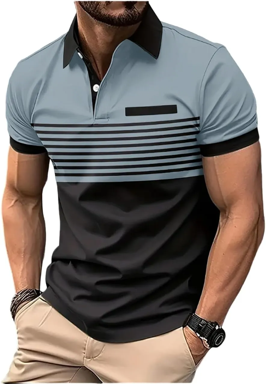 SOLY HUX Men's Golf Shirts Short Sleeve Striped Collared T Shirt Casual Work Shirts