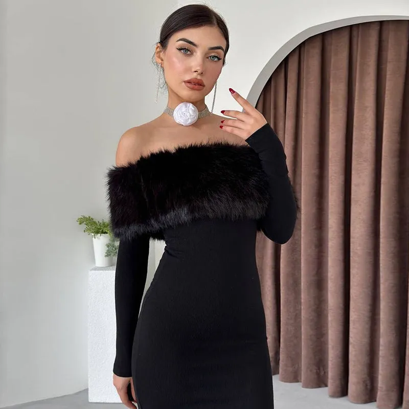 Sophisticated Off-Shoulder Fur Collar Dress for Effortless Fall Glamour