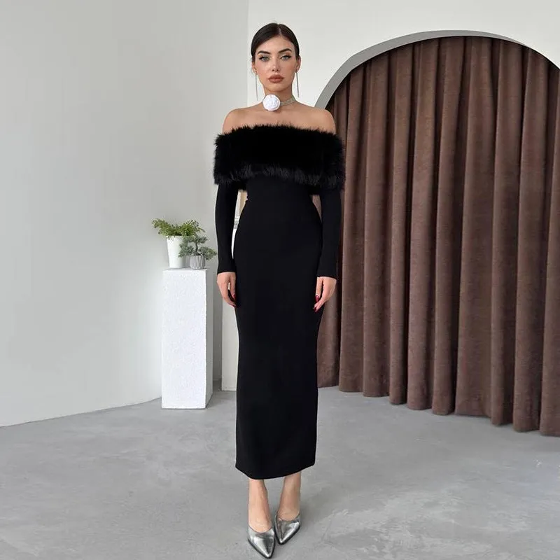 Sophisticated Off-Shoulder Fur Collar Dress for Effortless Fall Glamour