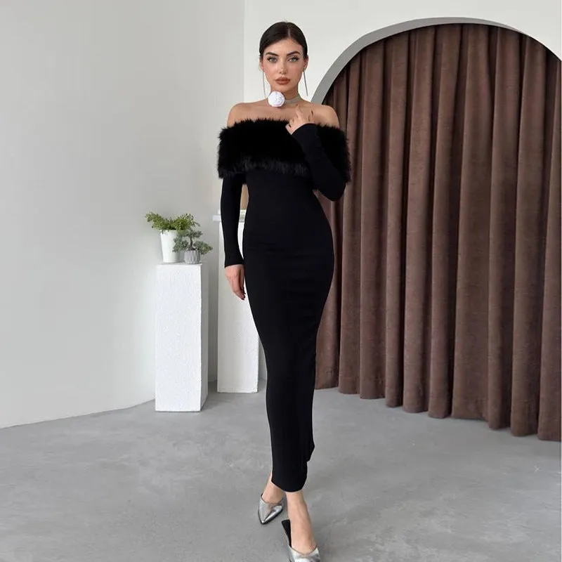 Sophisticated Off-Shoulder Fur Collar Dress for Effortless Fall Glamour