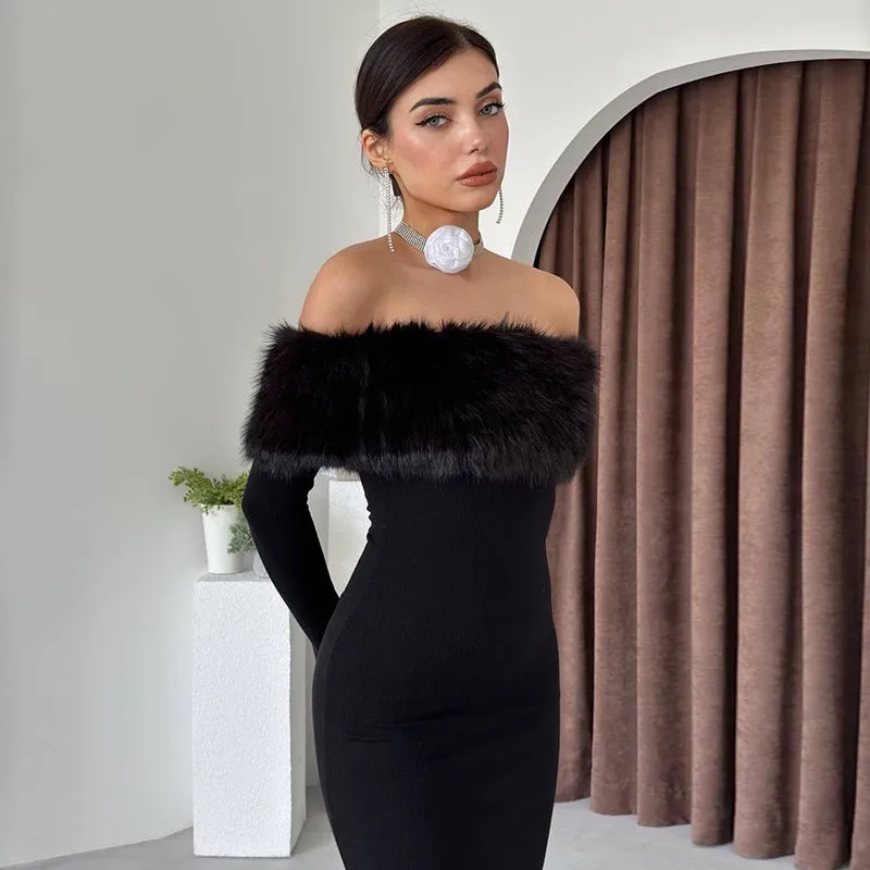 Sophisticated Off-Shoulder Fur Collar Dress for Effortless Fall Glamour