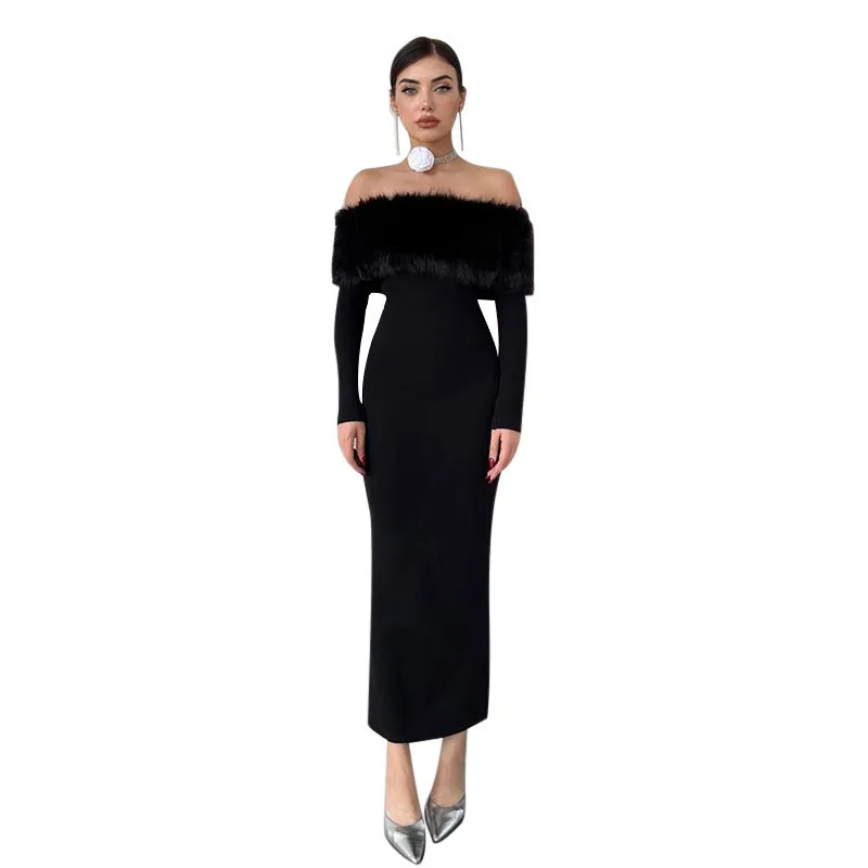 Sophisticated Off-Shoulder Fur Collar Dress for Effortless Fall Glamour