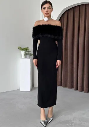 Sophisticated Off-Shoulder Fur Collar Dress for Effortless Fall Glamour