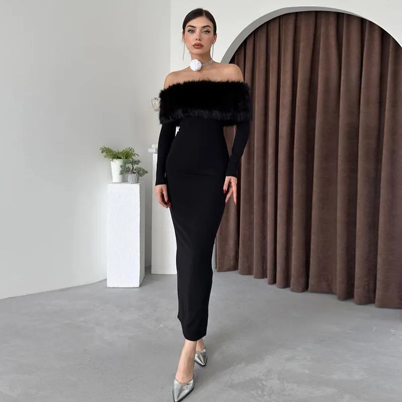 Sophisticated Off-Shoulder Fur Collar Dress for Effortless Fall Glamour