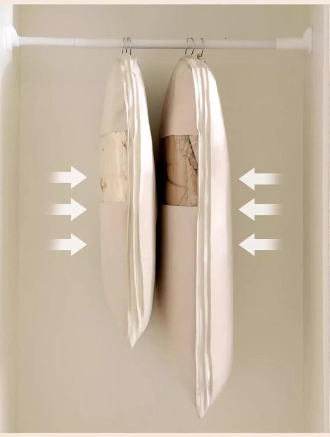 Space-Saving Hanging Storage Bag for Down Jackets, Hanging Compression Bags,Dust Cover Clothes Bags for Down Coat (Beige, M L XL)