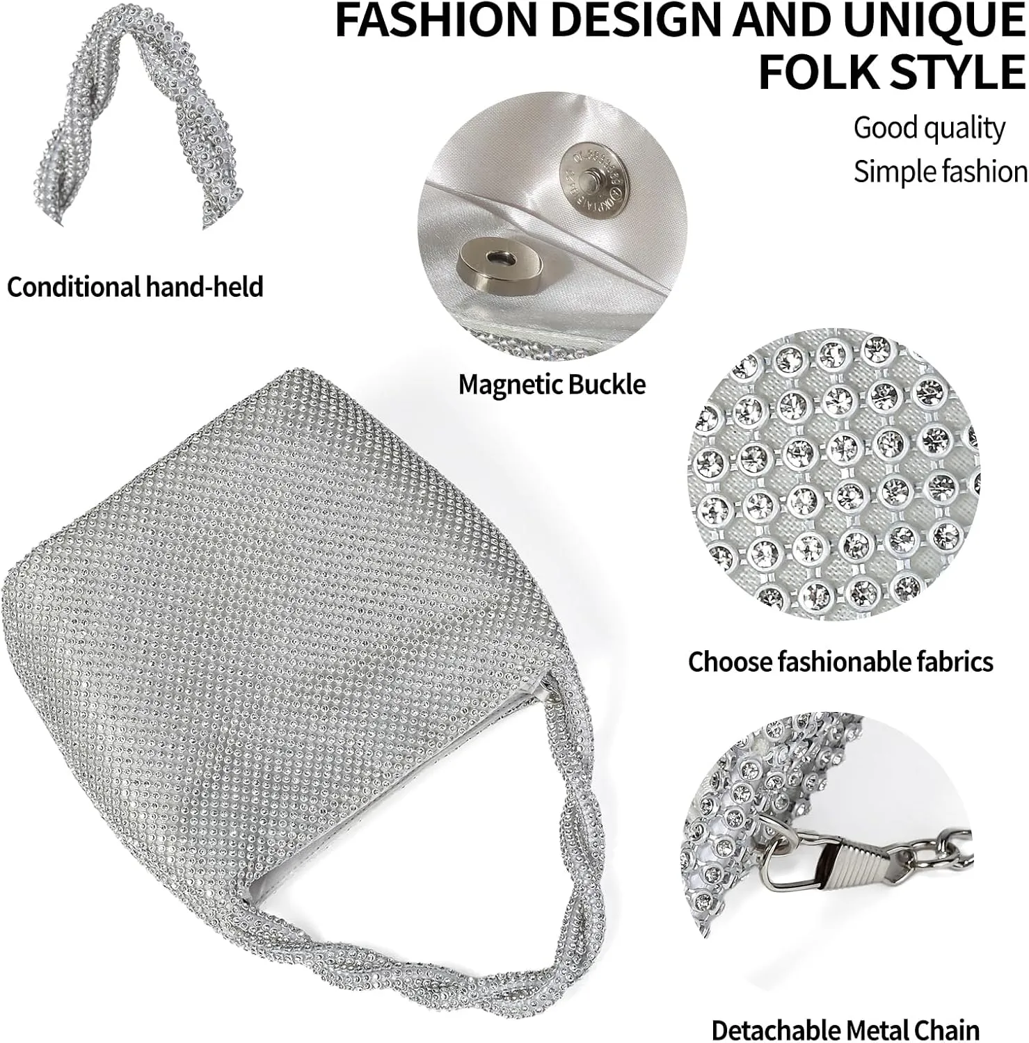 Sparkly Clutch Purses For Women Wedding Party Pleated Silver Banquet Evening Bags For Women Formal