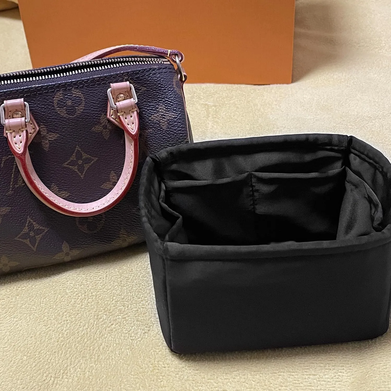 Speedy 25 Organizer Insert, Purse Dividers Compatible with LV Bag Speedy, Women's Handbag Organizers with Silky Satin (Black, Speedy25)