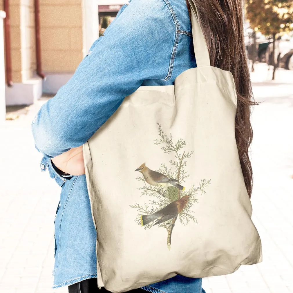 Speedy Pros Canvas Tote Bag for Women Cedar Waxwings Birds on A Branch James Audubon Vintage