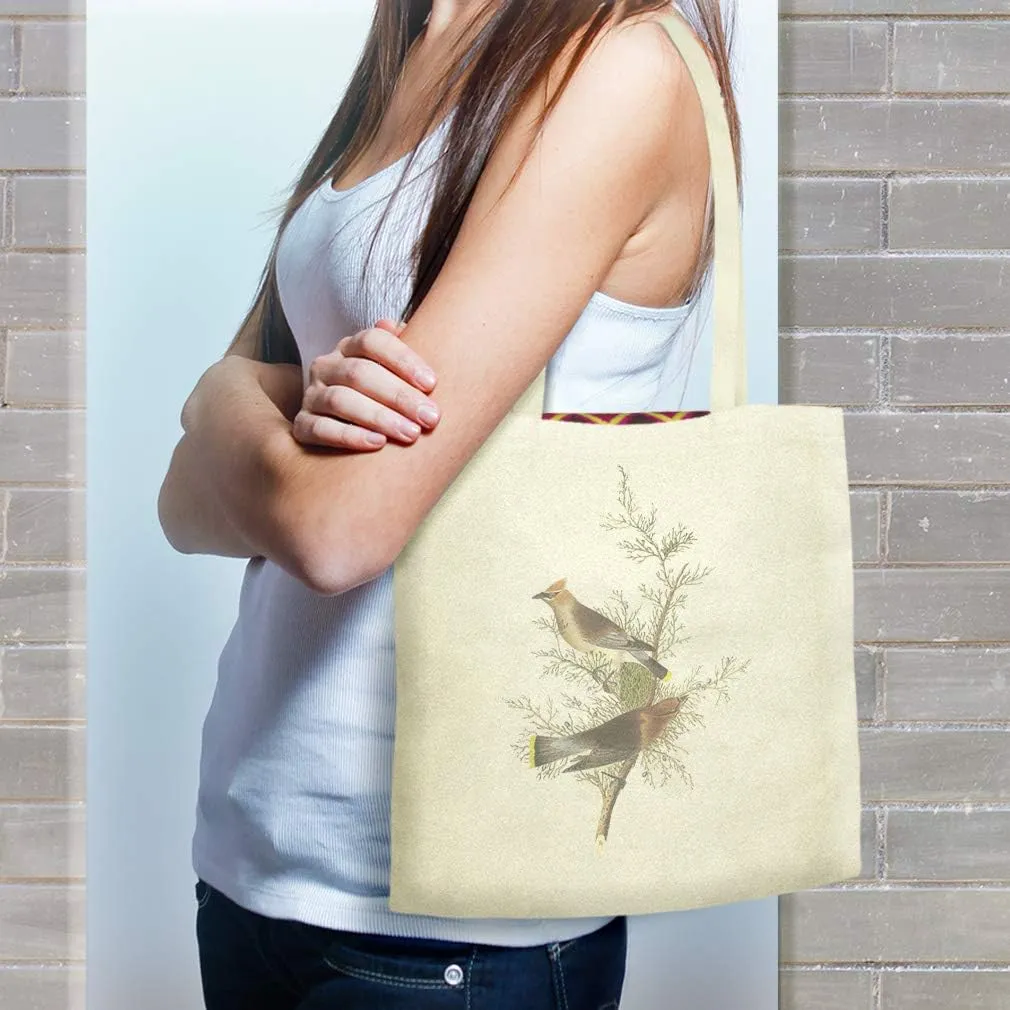 Speedy Pros Canvas Tote Bag for Women Cedar Waxwings Birds on A Branch James Audubon Vintage