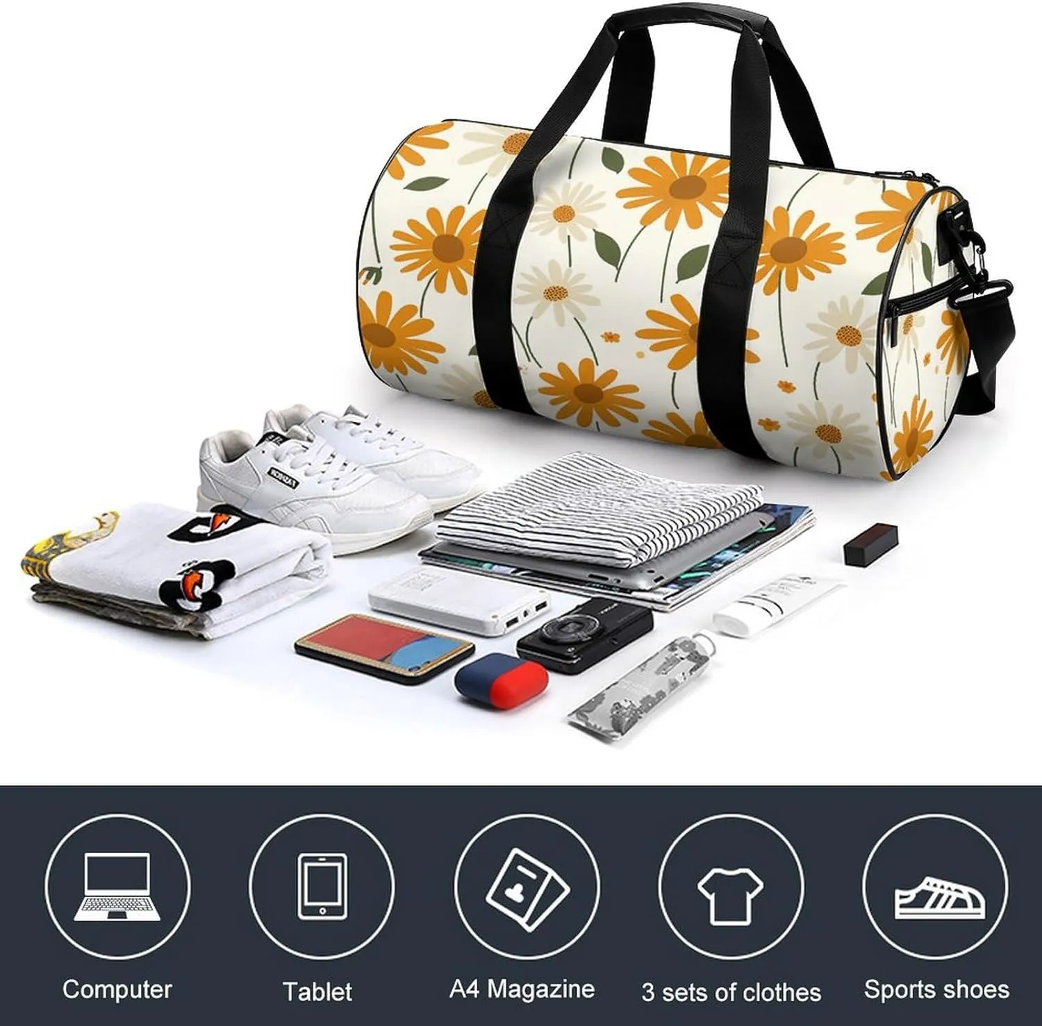 Sports Gym Bag for Women Men Travel Duffel Bag Amber Daisy Pattern Weekender Bag Canvas Carry on Overnight Bag for Travel Swimming Fitness Workout Sports Duffle Bag, 17.7in/9in/9in, style-3