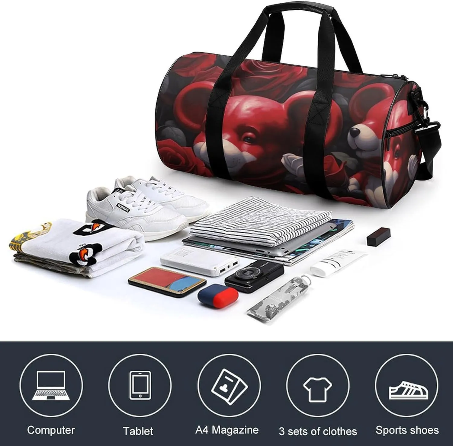 Sports Gym Bag for Women Men Travel Duffel Bag Bear Among The Roses Weekender Bag Canvas Carry on Overnight Bag for Travel Swimming Fitness Workout Sports Duffle Bag, 17.7in/9in/9in, style-1