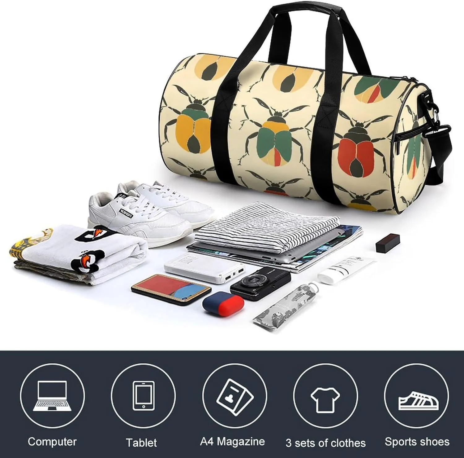 Sports Gym Bag for Women Men Travel Duffel Bag Beetle Shape Pattern Weekender Bag Canvas Carry on Overnight Bag for Travel Swimming Fitness Workout Sports Duffle Bag, 17.7in/9in/9in, style-1