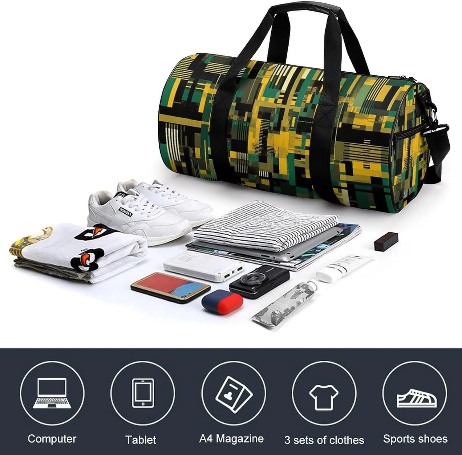 Sports Gym Bag for Women Men Travel Duffel Bag Black And Beige Graphics Weekender Bag Canvas Carry on Overnight Bag for Travel Swimming Fitness Workout Sports Duffle Bag