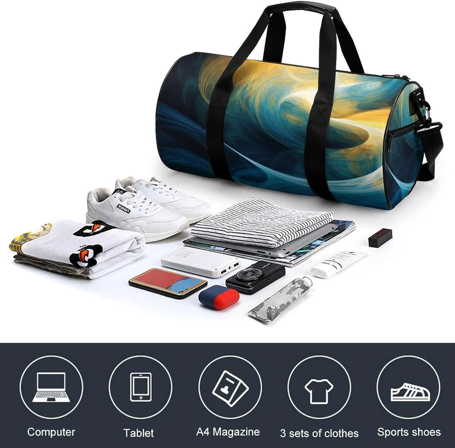 Sports Gym Bag for Women Men Travel Duffel Bag Blue And Yellow Texture Weekender Bag Canvas Carry on Overnight Bag for Travel Swimming Fitness Workout Sports Duffle Bag
