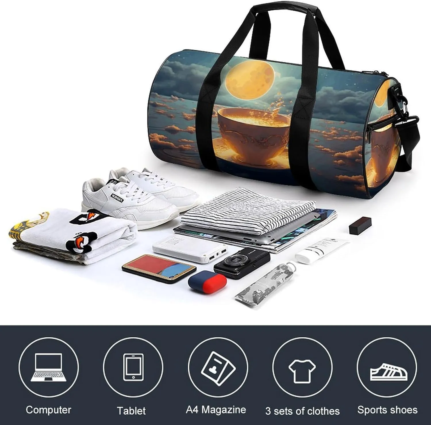 Sports Gym Bag for Women Men Travel Duffel Bag Coffee And Moon Weekender Bag Canvas Carry on Overnight Bag for Travel Swimming Fitness Workout Sports Duffle Bag