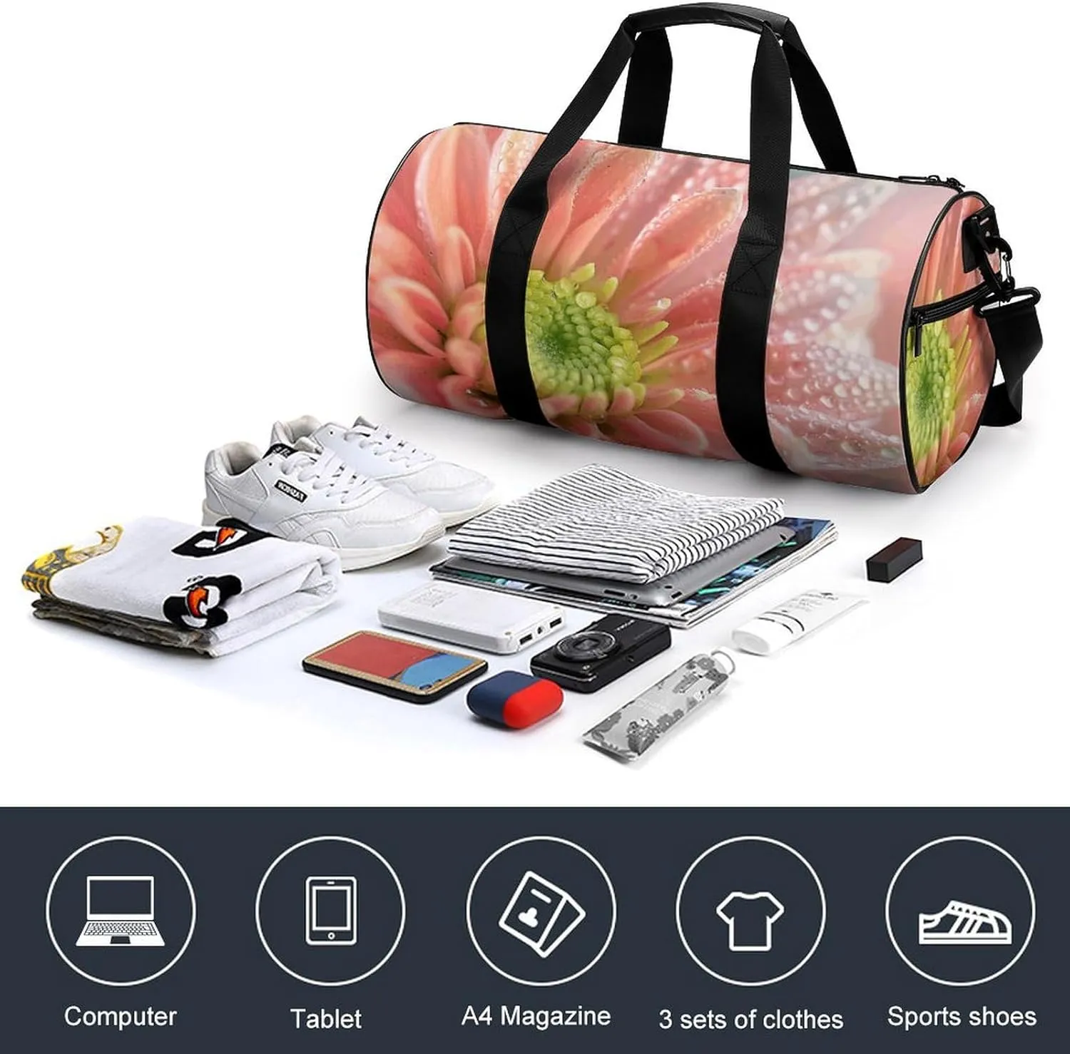 Sports Gym Bag for Women Men Travel Duffel Bag Dew on Petals Weekender Bag Canvas Carry on Overnight Bag for Travel Swimming Fitness Workout Sports Duffle Bag, 17.7in/9in/9in, style-2