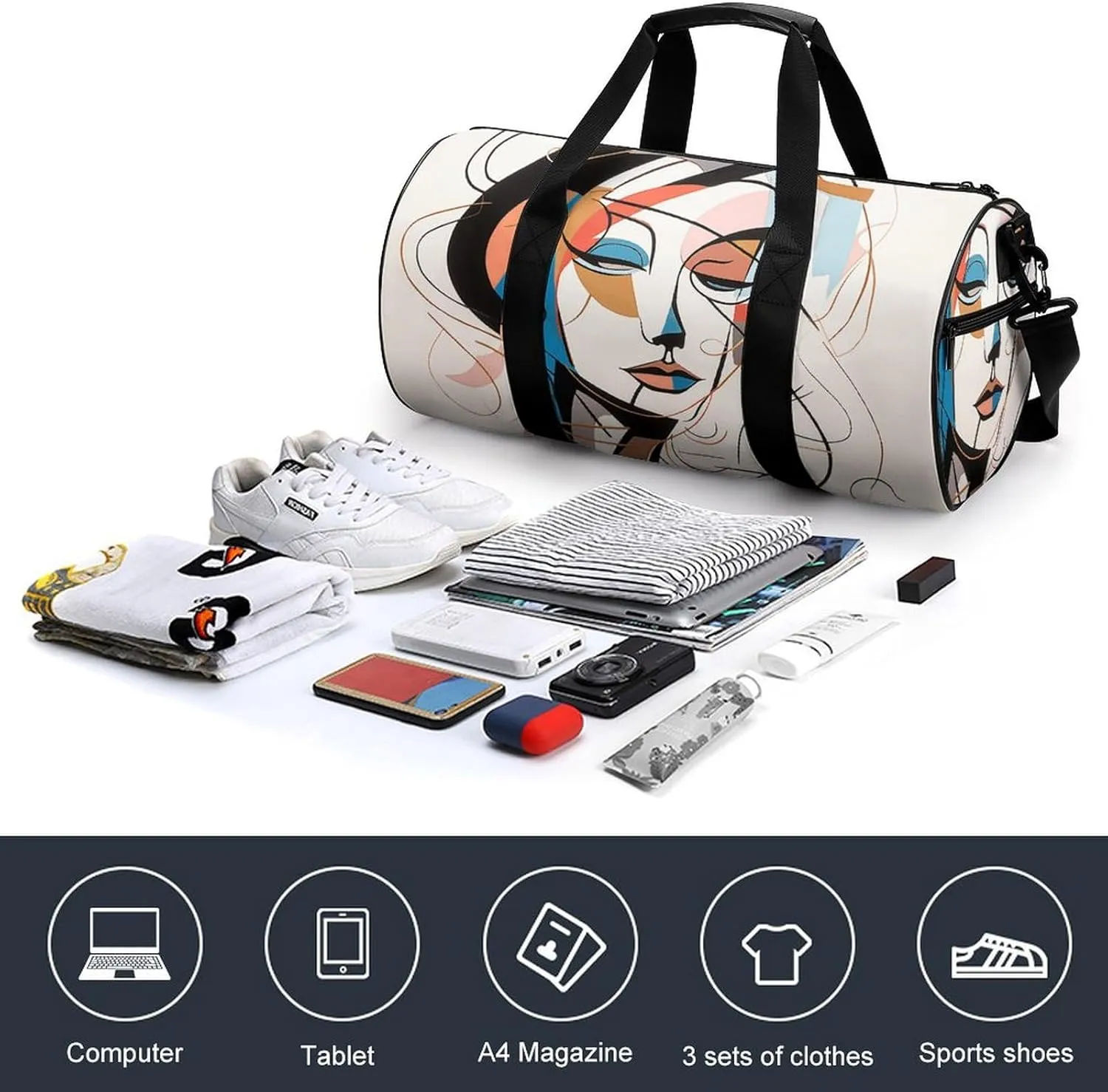 Sports Gym Bag for Women Men Travel Duffel Bag Elegant Line Drawing Weekender Bag Canvas Carry on Overnight Bag for Travel Swimming Fitness Workout Sports Duffle Bag, 17.7in/9in/9in, style
