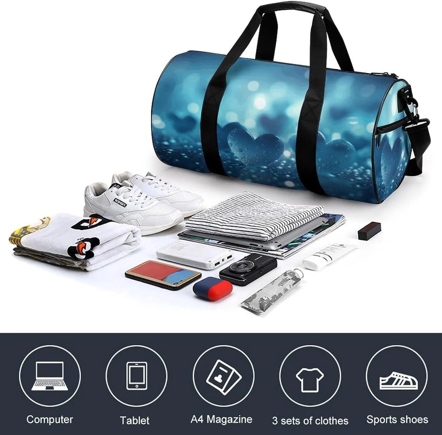 Sports Gym Bag for Women Men Travel Duffel Bag Heart Image on Background Weekender Bag Canvas Carry on Overnight Bag for Travel Swimming Fitness Workout Sports Duffle Bag