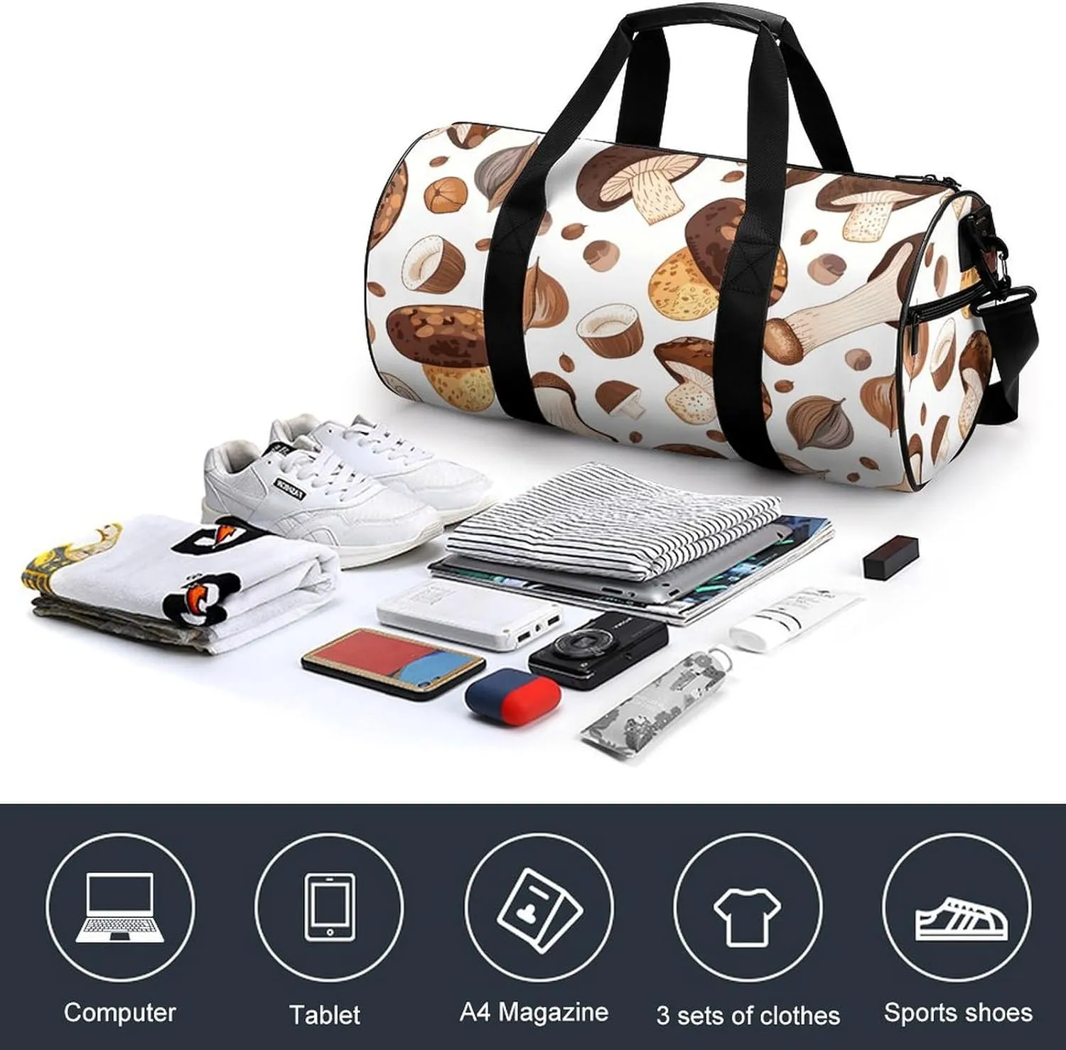 Sports Gym Bag for Women Men Travel Duffel Bag Mushrooms And Hazelnuts Weekender Bag Canvas Carry on Overnight Bag for Travel Swimming Fitness Workout Sports Duffle Bag