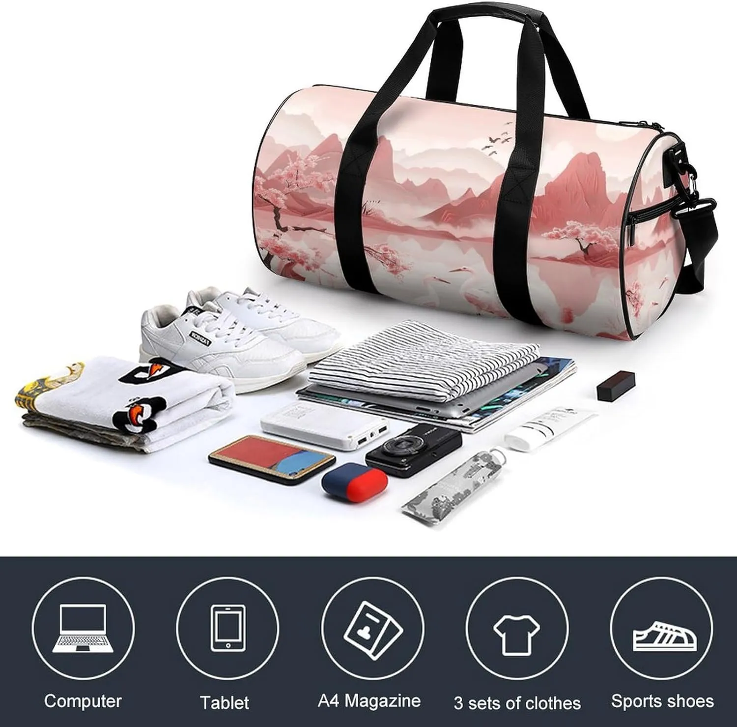 Sports Gym Bag for Women Men Travel Duffel Bag Peach Mountain Pattern Weekender Bag Canvas Carry on Overnight Bag for Travel Swimming Fitness Workout Sports Duffle Bag