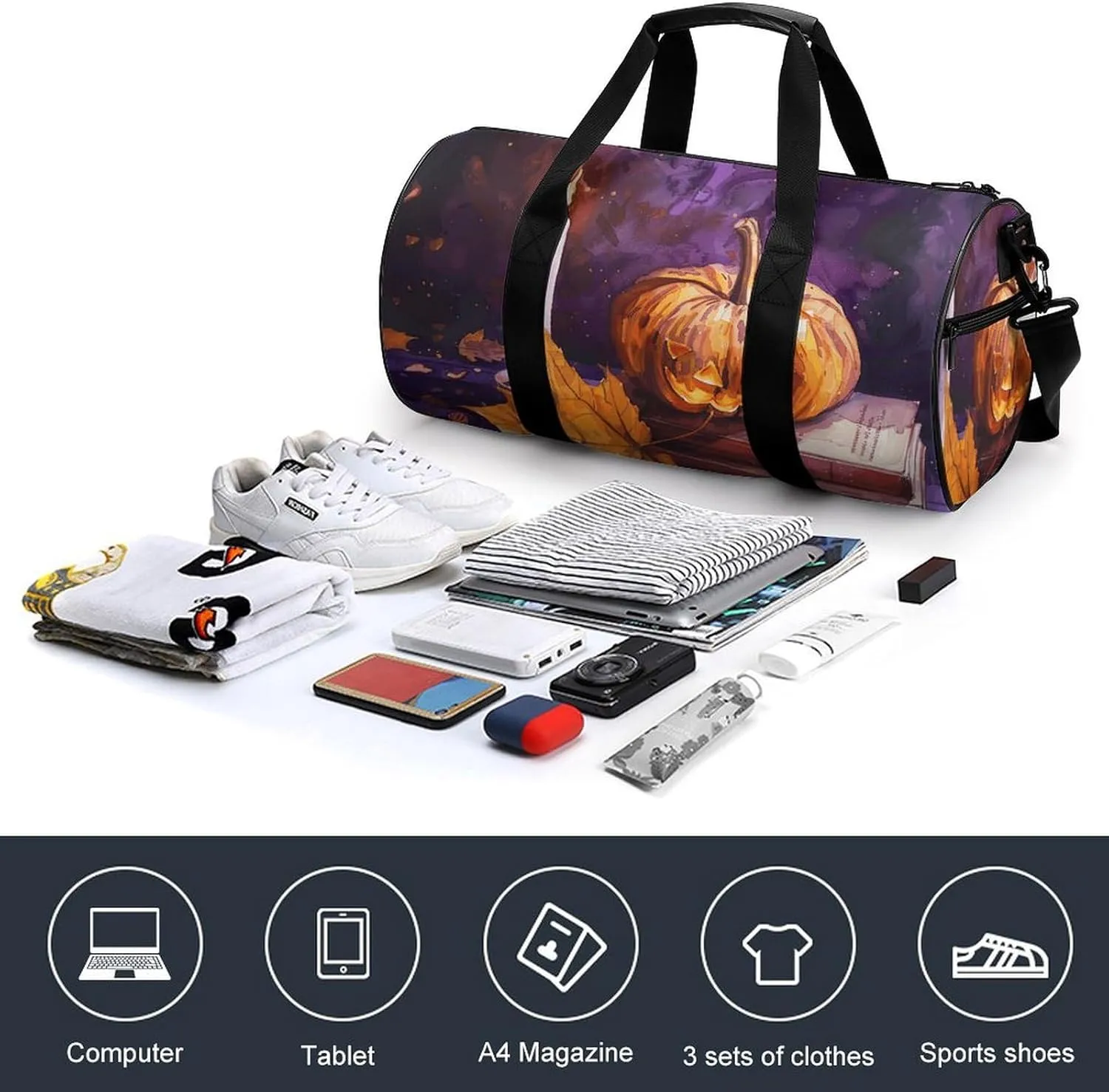 Sports Gym Bag for Women Men Travel Duffel Bag Pumpkins And Candles Weekender Bag Canvas Carry on Overnight Bag for Travel Swimming Fitness Workout Sports Duffle Bag