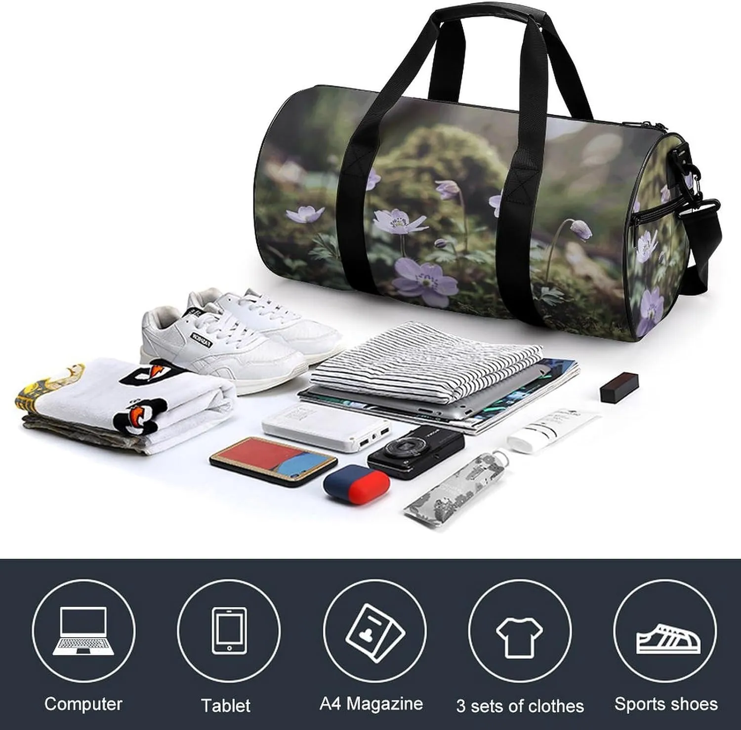 Sports Gym Bag for Women Men Travel Duffel Bag Small Purple Anemone Weekender Bag Canvas Carry on Overnight Bag for Travel Swimming Fitness Workout Sports Duffle Bag