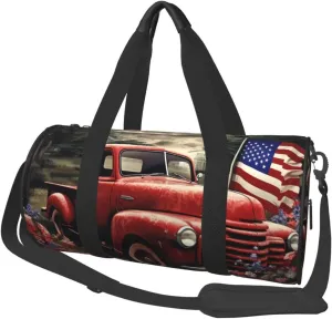 Sports Gym Bag for Women Men Travel Duffel Bag Tote 4th Of July Patriotic Old Red Truck Weekender Bag Canvas Carry on Overnight Bag for Travel Swimming Fitness Workout Sports Duffle Bag