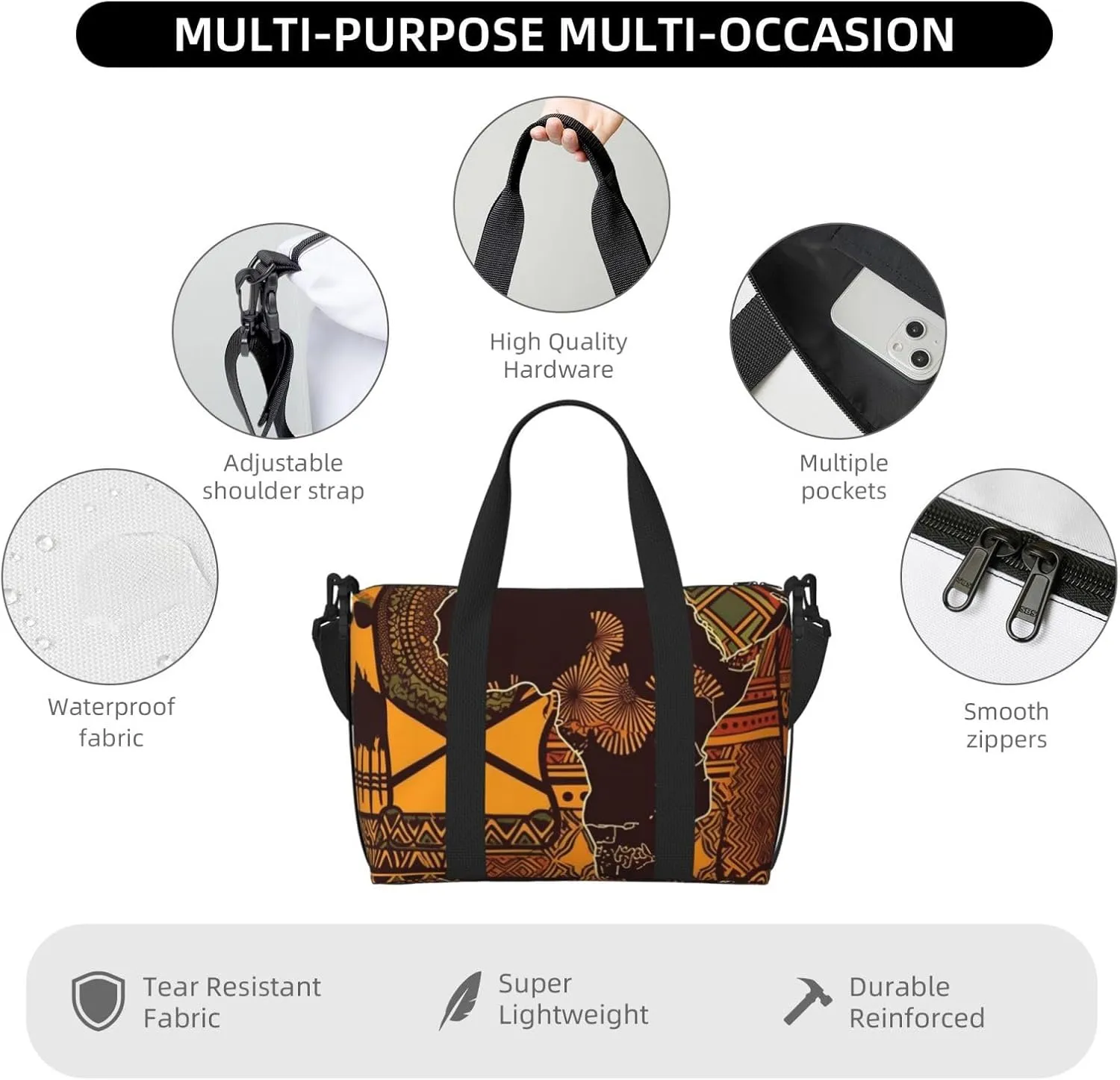 Sports Gym Bag for Women Men Travel Duffel Bag Tote African Map Ethnic Pattern Weekender Bag Canvas Carry on Overnight Bag for Travel Swimming Fitness Workout Sports Duffle Bag