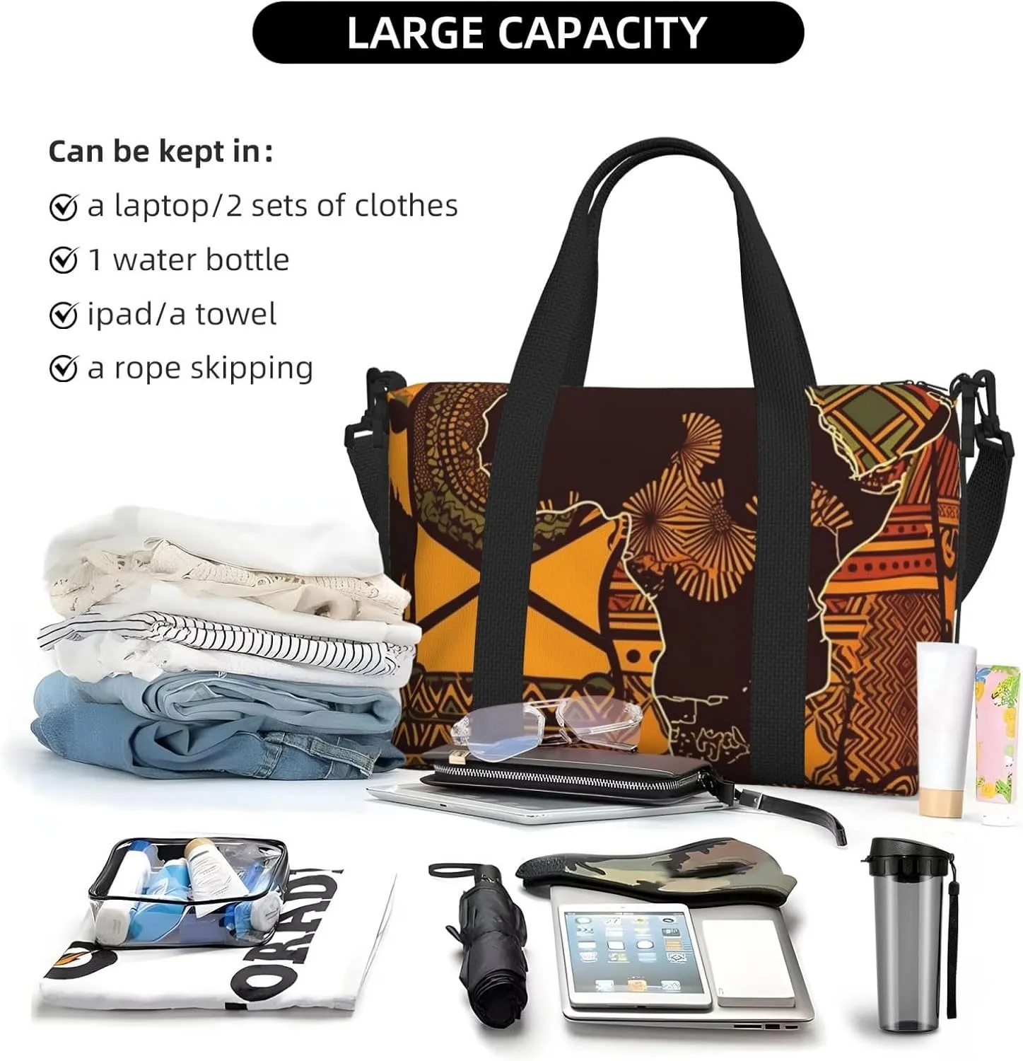 Sports Gym Bag for Women Men Travel Duffel Bag Tote African Map Ethnic Pattern Weekender Bag Canvas Carry on Overnight Bag for Travel Swimming Fitness Workout Sports Duffle Bag