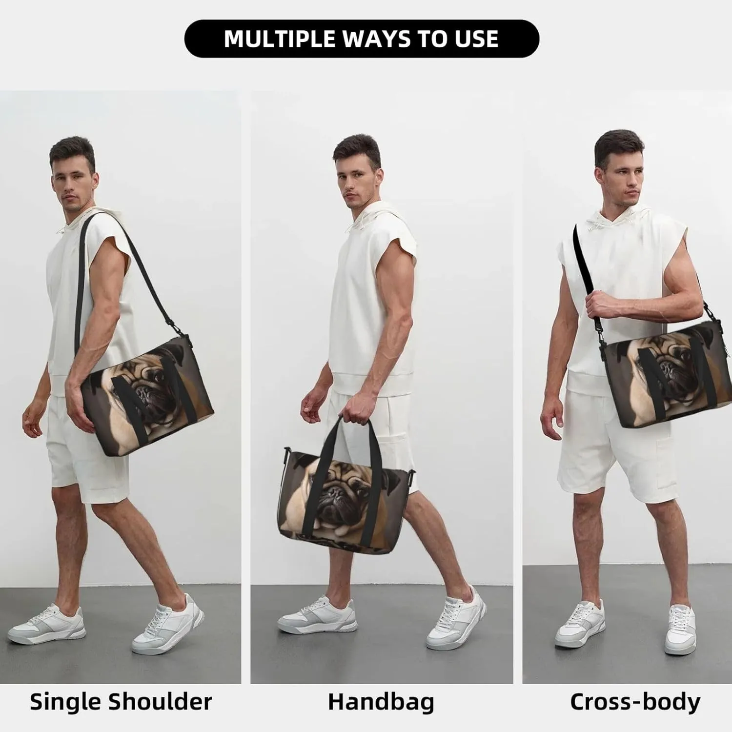 Sports Gym Bag for Women Men Travel Duffel Bag Tote Animal Pug Dog Weekender Bag Canvas Carry on Overnight Bag for Travel Swimming Fitness Workout Sports Duffle Bag
