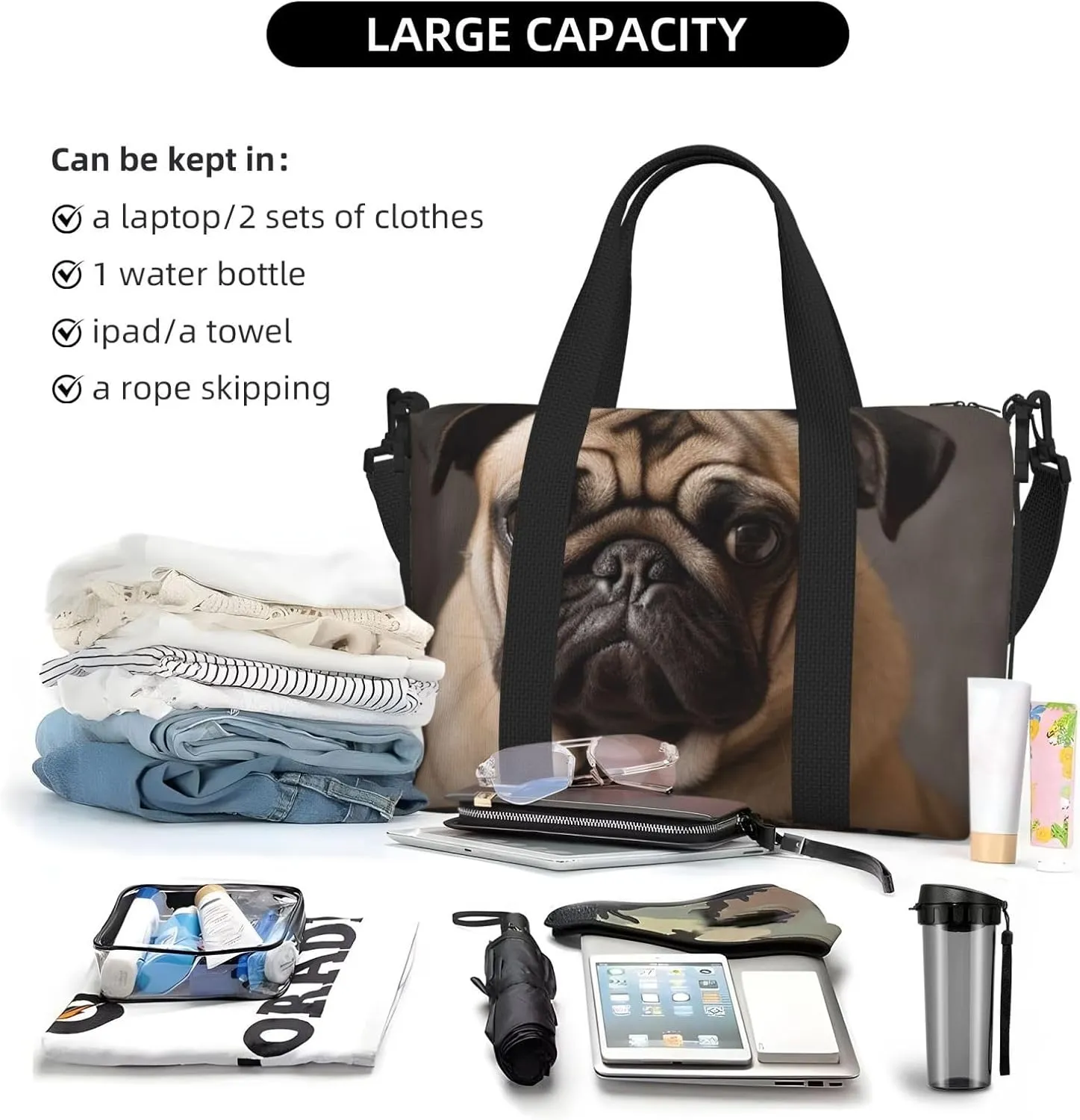 Sports Gym Bag for Women Men Travel Duffel Bag Tote Animal Pug Dog Weekender Bag Canvas Carry on Overnight Bag for Travel Swimming Fitness Workout Sports Duffle Bag