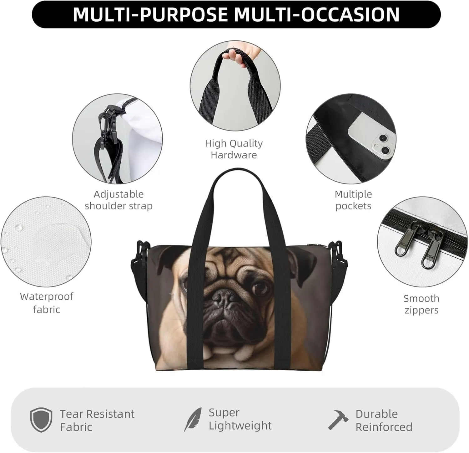 Sports Gym Bag for Women Men Travel Duffel Bag Tote Animal Pug Dog Weekender Bag Canvas Carry on Overnight Bag for Travel Swimming Fitness Workout Sports Duffle Bag