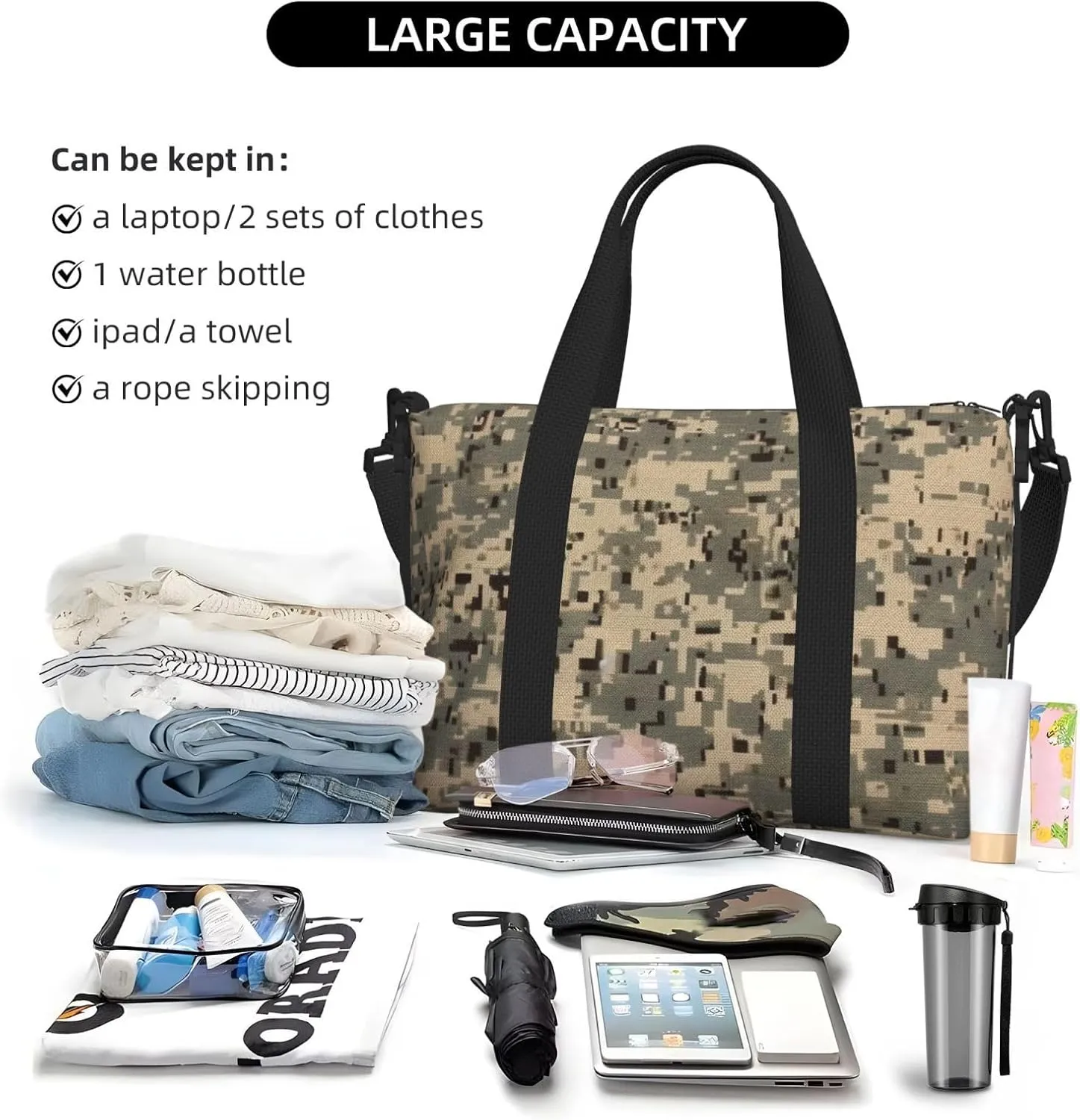 Sports Gym Bag for Women Men Travel Duffel Bag Tote Army Digital Camouflage Weekender Bag Canvas Carry on Overnight Bag for Travel Swimming Fitness Workout Sports Duffle Bag