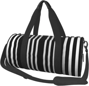 Sports Gym Bag for Women Men Travel Duffel Bag Tote Black & White Stripe Weekender Bag Canvas Carry on Overnight Bag for Travel Swimming Fitness Workout Sports Duffle Bag