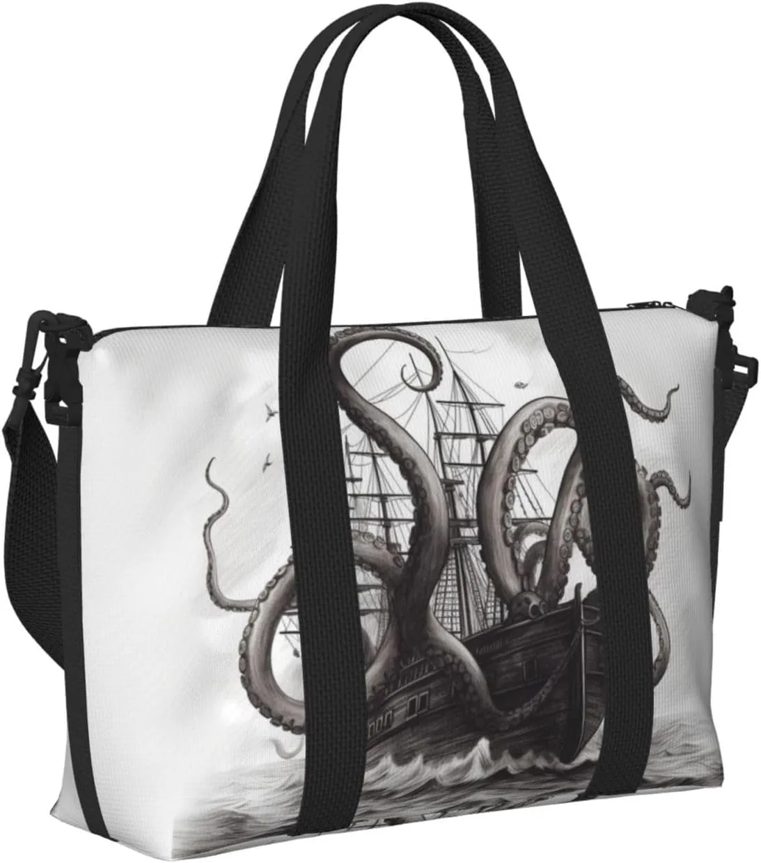 Sports Gym Bag for Women Men Travel Duffel Bag Tote Black and White Octopus and Ship Weekender Bag Canvas Carry on Overnight Bag for Travel Swimming Fitness Workout Sports Duffle Bag