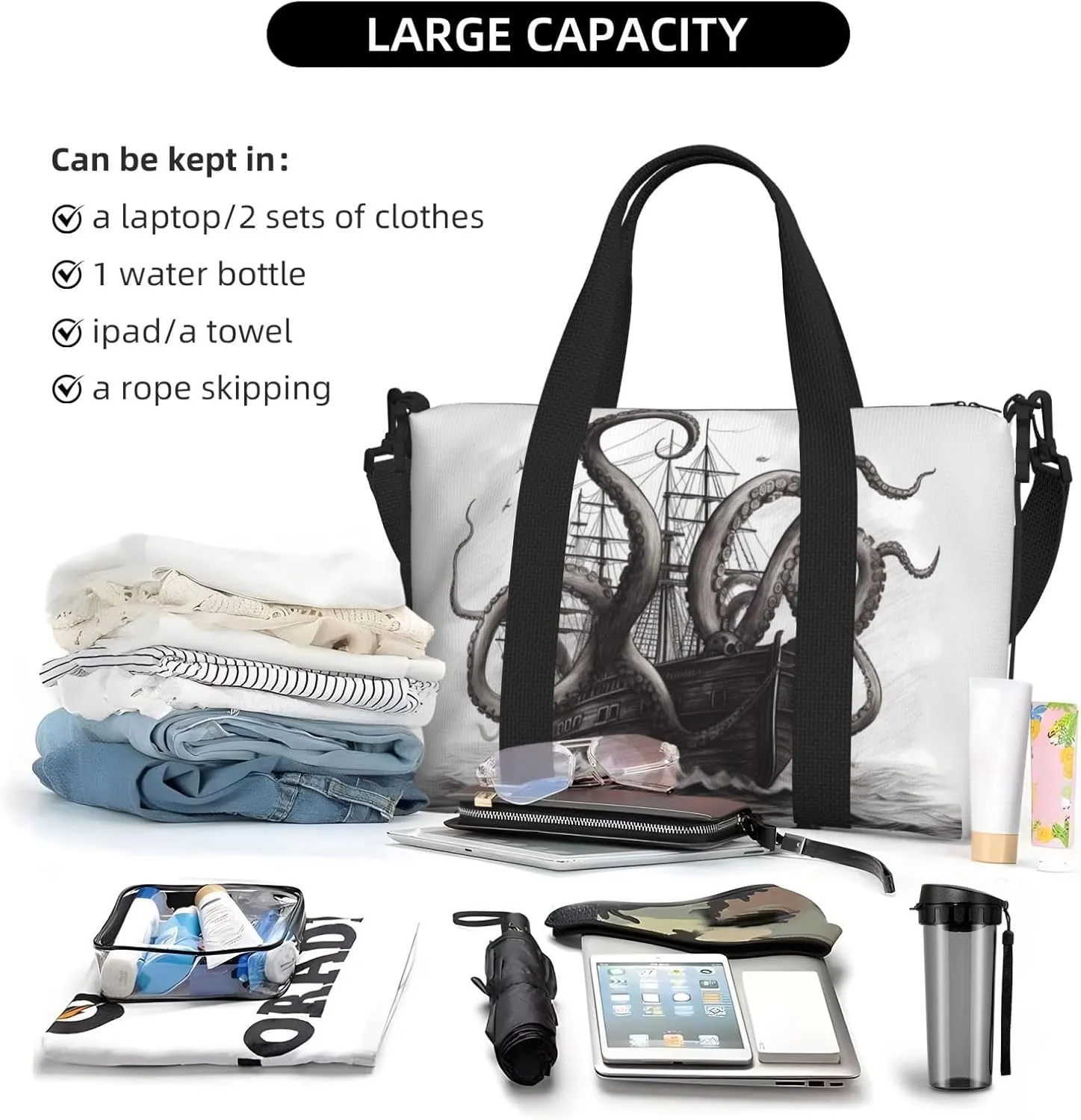 Sports Gym Bag for Women Men Travel Duffel Bag Tote Black and White Octopus and Ship Weekender Bag Canvas Carry on Overnight Bag for Travel Swimming Fitness Workout Sports Duffle Bag